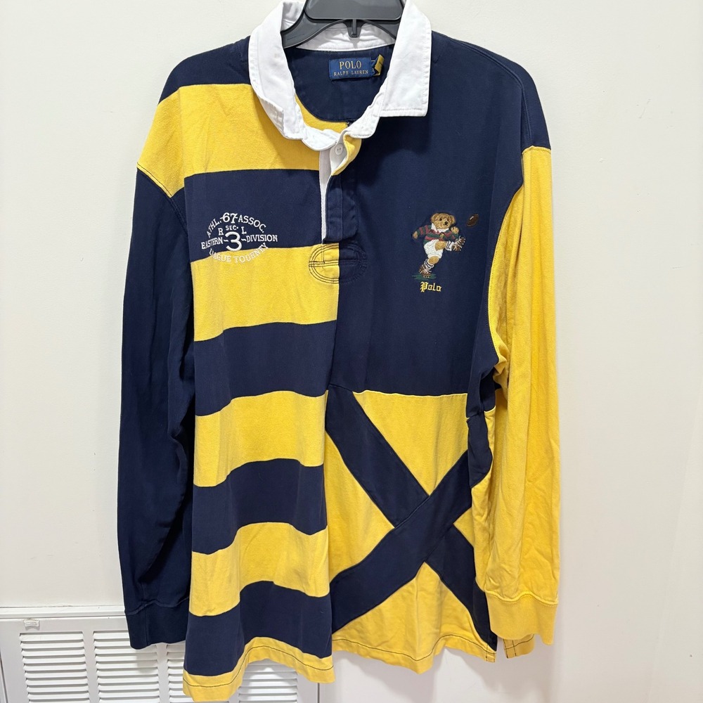 Polo Ralph Lauren Polo Bear Rugby patchwork Shirt Mens Navy Yellow 2XB Football